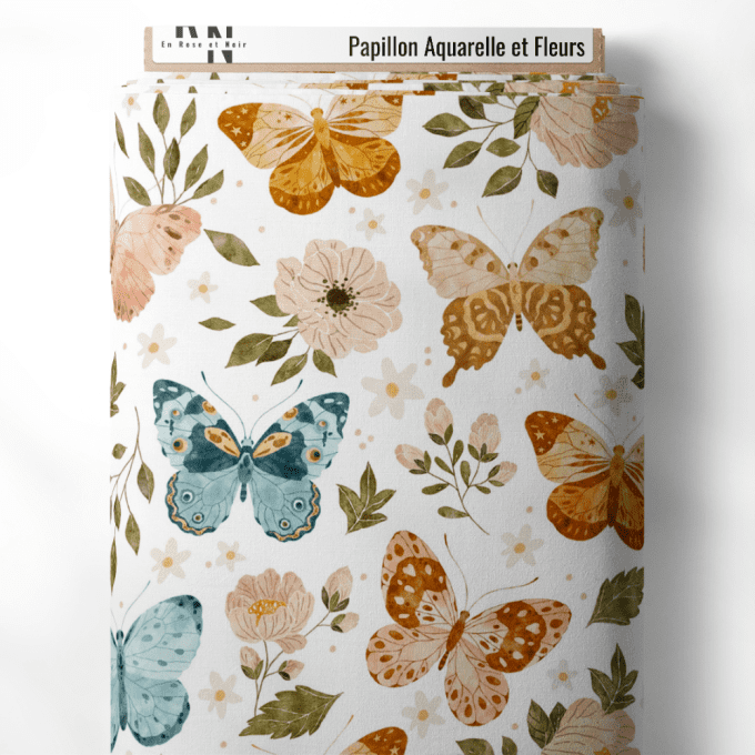 Tissu papillon aquarelle et fleurs